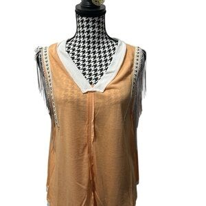 POL Boho Fringe Peach Sleeveless Top Size S